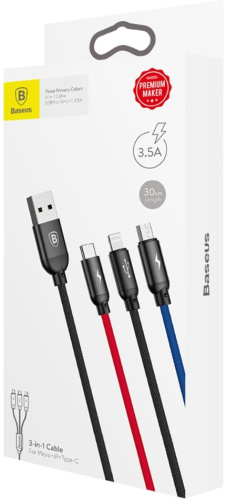 Кабель Baseus Three Primary Colors 3 in 1 USB - Type-C - Lighting - Micro 3.5A 0.3 м (CAMLT-ASY01) Кабель Baseus Three Primary Colors 3 in 1 USB - Type-C - Lighting - Micro 3.5A 0.3 м (CAMLT-ASY01)