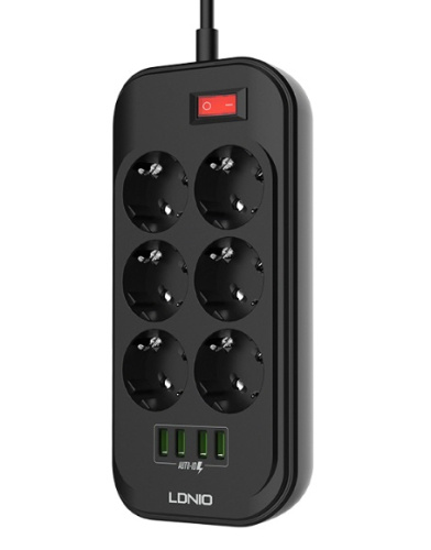 Сетевой фильтр LDNIO SE6403 Defender Series 2500W 6 розеток, 4 USB, 2м