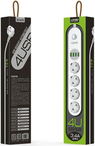 Сетевой фильтр Ldnio Power Strip 4 розетки 4 USB 2m (SE4432)