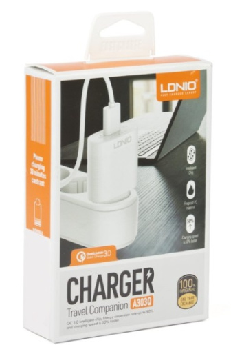 Зарядное устройство Ldnio Travel Charger A303Q Quick Charge QC3.0, 3,0А + кабель USB - Lightning Зарядное устройство Ldnio Travel Charger A303Q Quick Charge QC3.0, 3,0А + кабель USB - Lightning