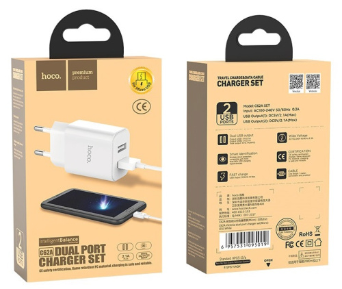 Сетевой блок питания HOCO C62A Victoria - 2 х USB, 2.1A + кабель Micro USB