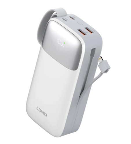 Внешний аккумулятор LDNIO PQ30 30000mAh Power Bank c встроенными кабелями Type-C и Lightning