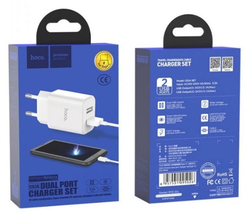 Сетевой блок питания HOCO C62A Victoria - 2 х USB, 2.1A + кабель Type-C Сетевой блок питания HOCO C62A Victoria - 2 х USB, 2.1A + кабель Type-C