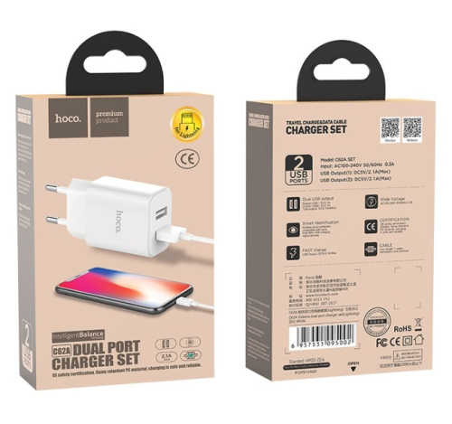 Сетевой блок питания HOCO C62A Victoria - 2 х USB, 2.1A + кабель Lightning Сетевой блок питания HOCO C62A Victoria - 2 х USB, 2.1A + кабель Lightning